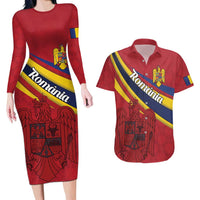 Personalized National Flag Of Romania Day Couples Matching Long Sleeve Bodycon Dress and Hawaiian Shirt Coat of arms