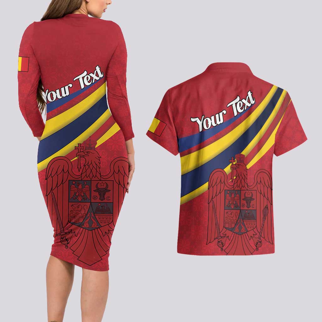 Personalized National Flag Of Romania Day Couples Matching Long Sleeve Bodycon Dress and Hawaiian Shirt Coat of arms