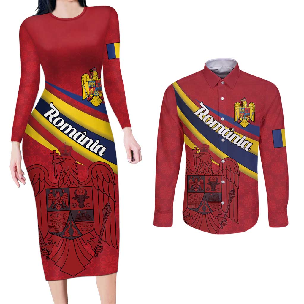 Personalized National Flag Of Romania Day Couples Matching Long Sleeve Bodycon Dress and Long Sleeve Button Shirt Coat of arms