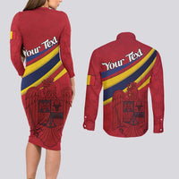 Personalized National Flag Of Romania Day Couples Matching Long Sleeve Bodycon Dress and Long Sleeve Button Shirt Coat of arms