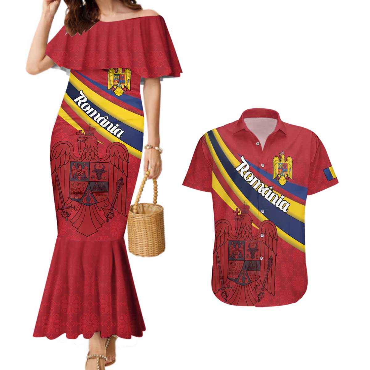 Personalized National Flag Of Romania Day Couples Matching Mermaid Dress and Hawaiian Shirt Coat of arms