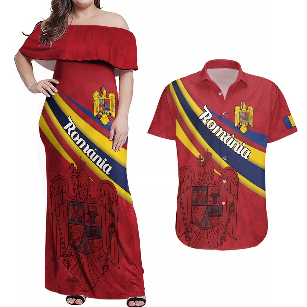 Personalized National Flag Of Romania Day Couples Matching Off Shoulder Maxi Dress and Hawaiian Shirt Coat of arms