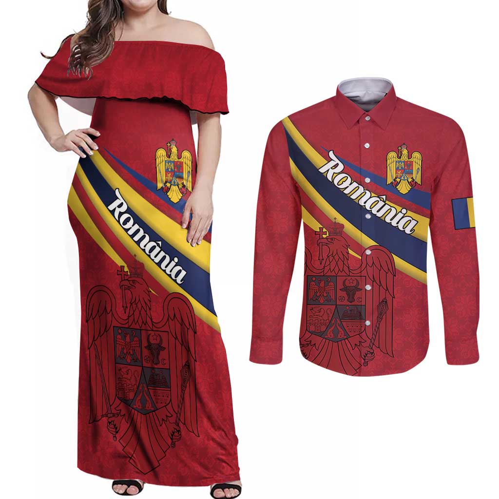 Personalized National Flag Of Romania Day Couples Matching Off Shoulder Maxi Dress and Long Sleeve Button Shirt Coat of arms