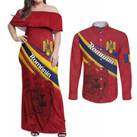 Personalized National Flag Of Romania Day Couples Matching Off Shoulder Maxi Dress and Long Sleeve Button Shirt Coat of arms
