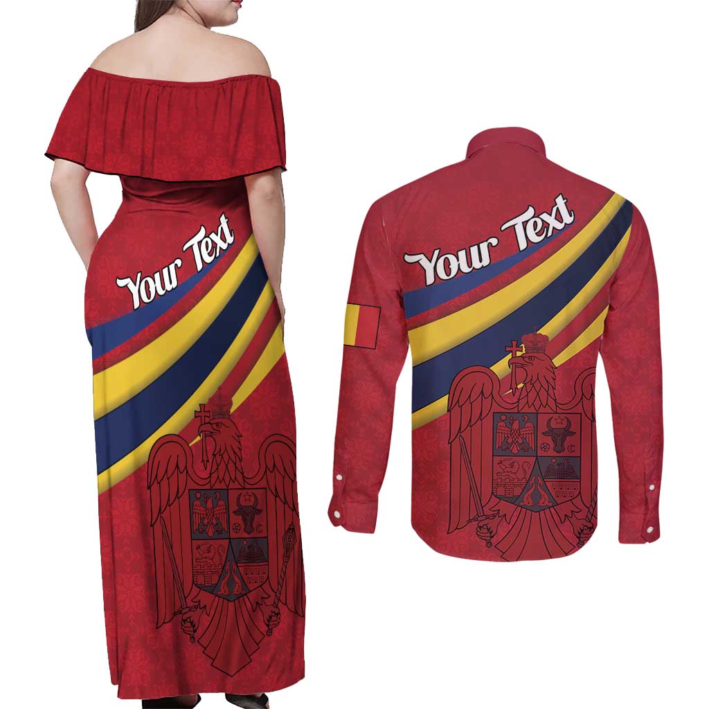Personalized National Flag Of Romania Day Couples Matching Off Shoulder Maxi Dress and Long Sleeve Button Shirt Coat of arms