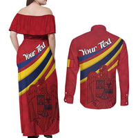 Personalized National Flag Of Romania Day Couples Matching Off Shoulder Maxi Dress and Long Sleeve Button Shirt Coat of arms