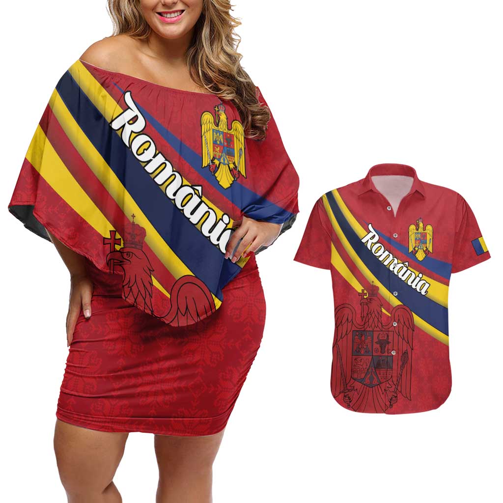 Personalized National Flag Of Romania Day Couples Matching Off Shoulder Short Dress and Hawaiian Shirt Coat of arms