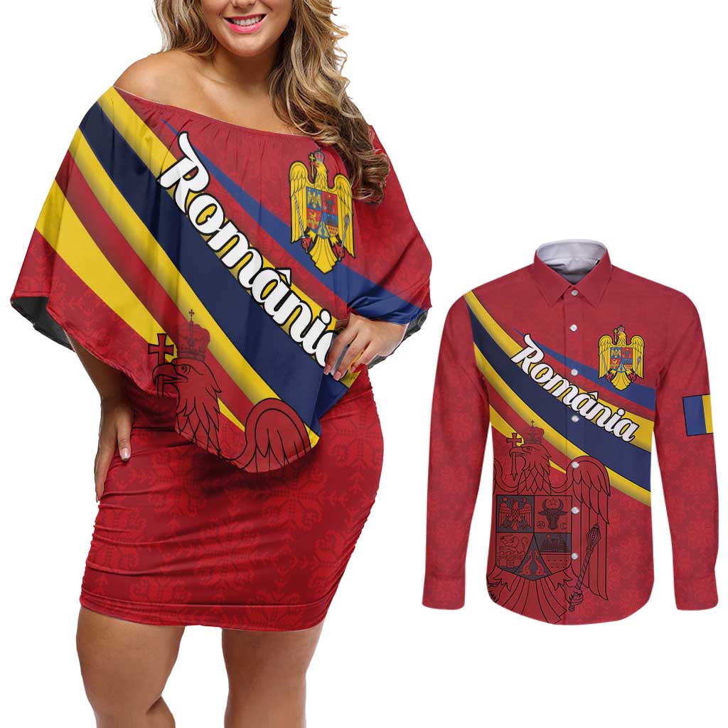 Personalized National Flag Of Romania Day Couples Matching Off Shoulder Short Dress and Long Sleeve Button Shirt Coat of arms
