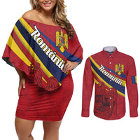 Personalized National Flag Of Romania Day Couples Matching Off Shoulder Short Dress and Long Sleeve Button Shirt Coat of arms