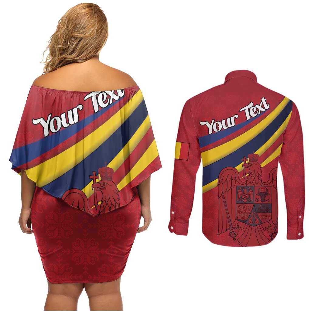 Personalized National Flag Of Romania Day Couples Matching Off Shoulder Short Dress and Long Sleeve Button Shirt Coat of arms