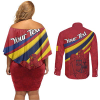 Personalized National Flag Of Romania Day Couples Matching Off Shoulder Short Dress and Long Sleeve Button Shirt Coat of arms