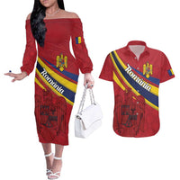 Personalized National Flag Of Romania Day Couples Matching Off The Shoulder Long Sleeve Dress and Hawaiian Shirt Coat of arms