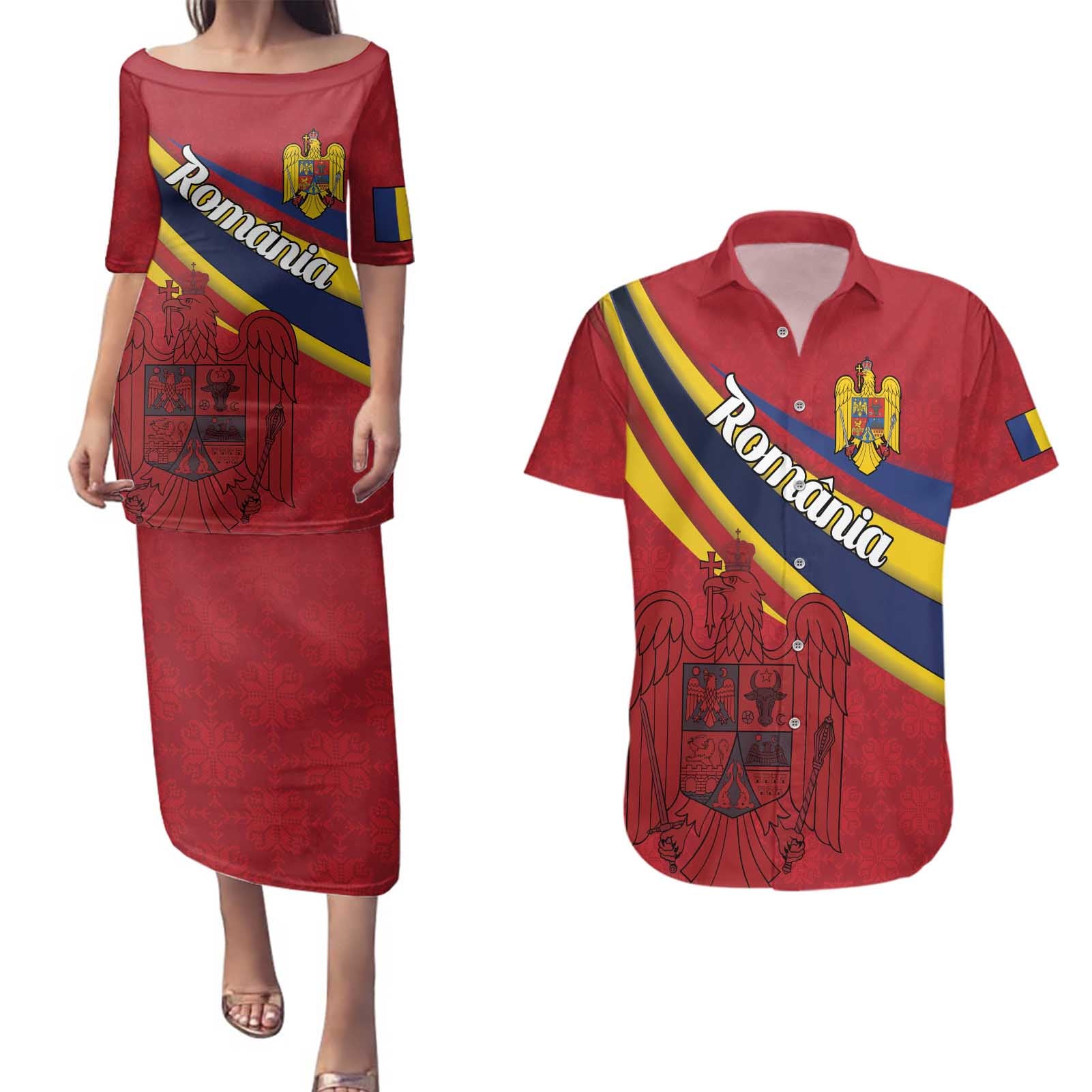 Personalized National Flag Of Romania Day Couples Matching Puletasi and Hawaiian Shirt Coat of arms