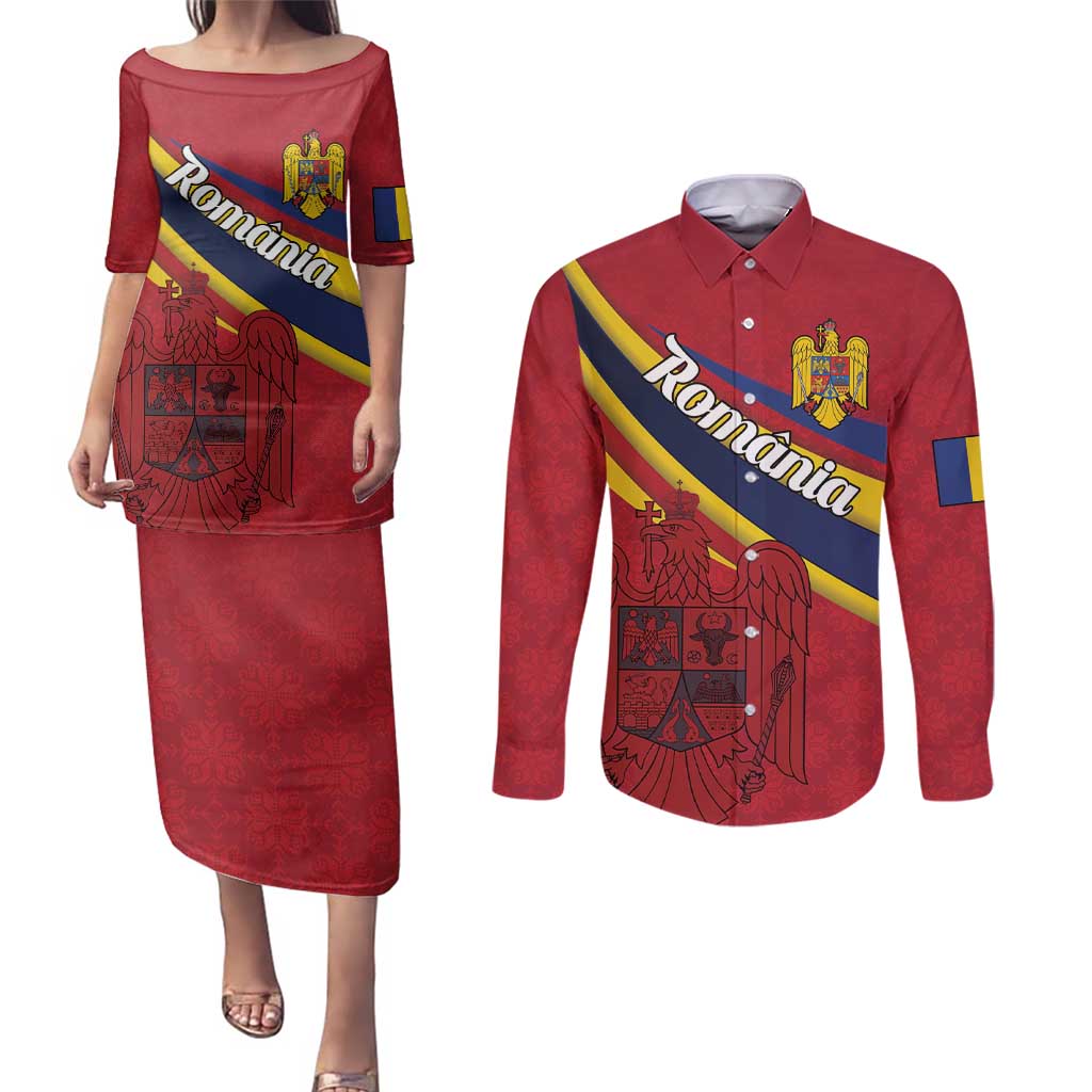Personalized National Flag Of Romania Day Couples Matching Puletasi and Long Sleeve Button Shirt Coat of arms