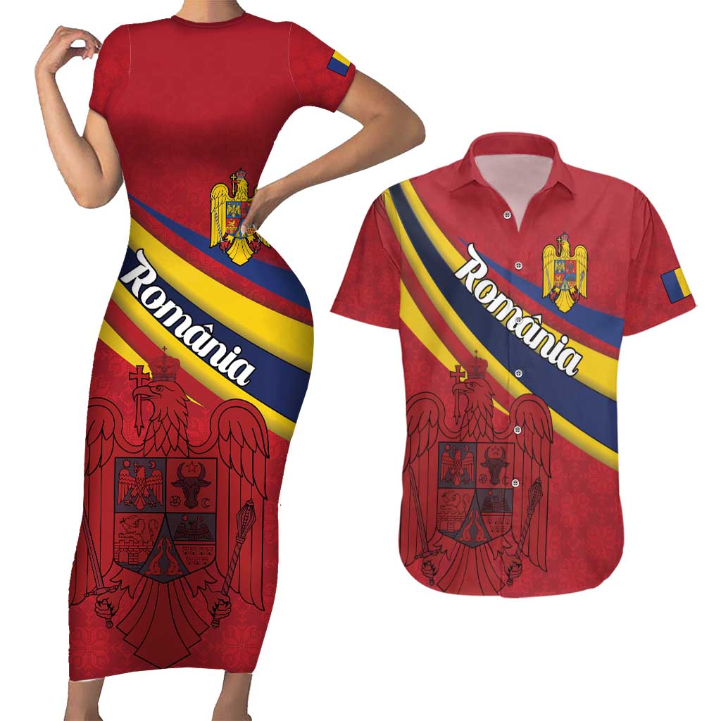 Personalized National Flag Of Romania Day Couples Matching Short Sleeve Bodycon Dress and Hawaiian Shirt Coat of arms