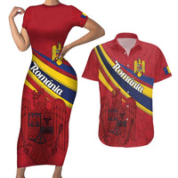Personalized National Flag Of Romania Day Couples Matching Short Sleeve Bodycon Dress and Hawaiian Shirt Coat of arms