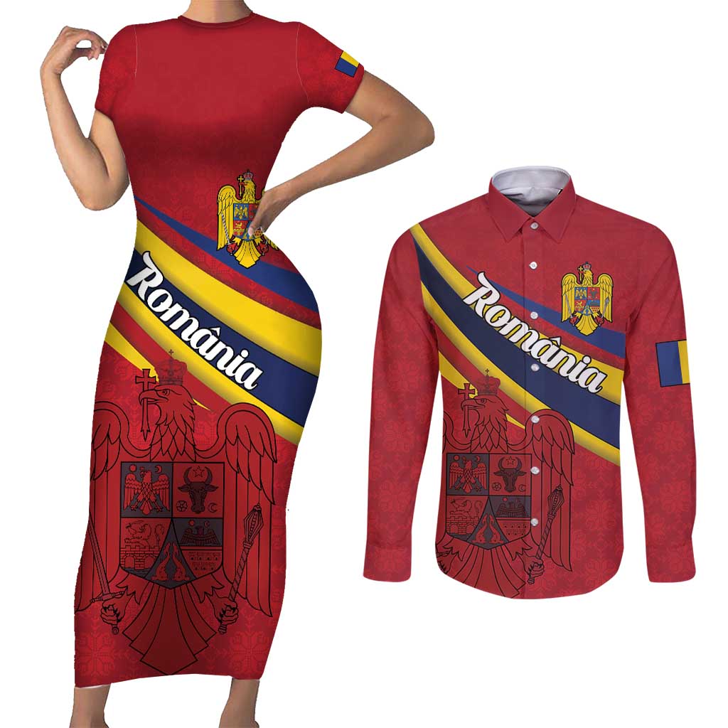 Personalized National Flag Of Romania Day Couples Matching Short Sleeve Bodycon Dress and Long Sleeve Button Shirt Coat of arms