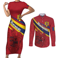 Personalized National Flag Of Romania Day Couples Matching Short Sleeve Bodycon Dress and Long Sleeve Button Shirt Coat of arms