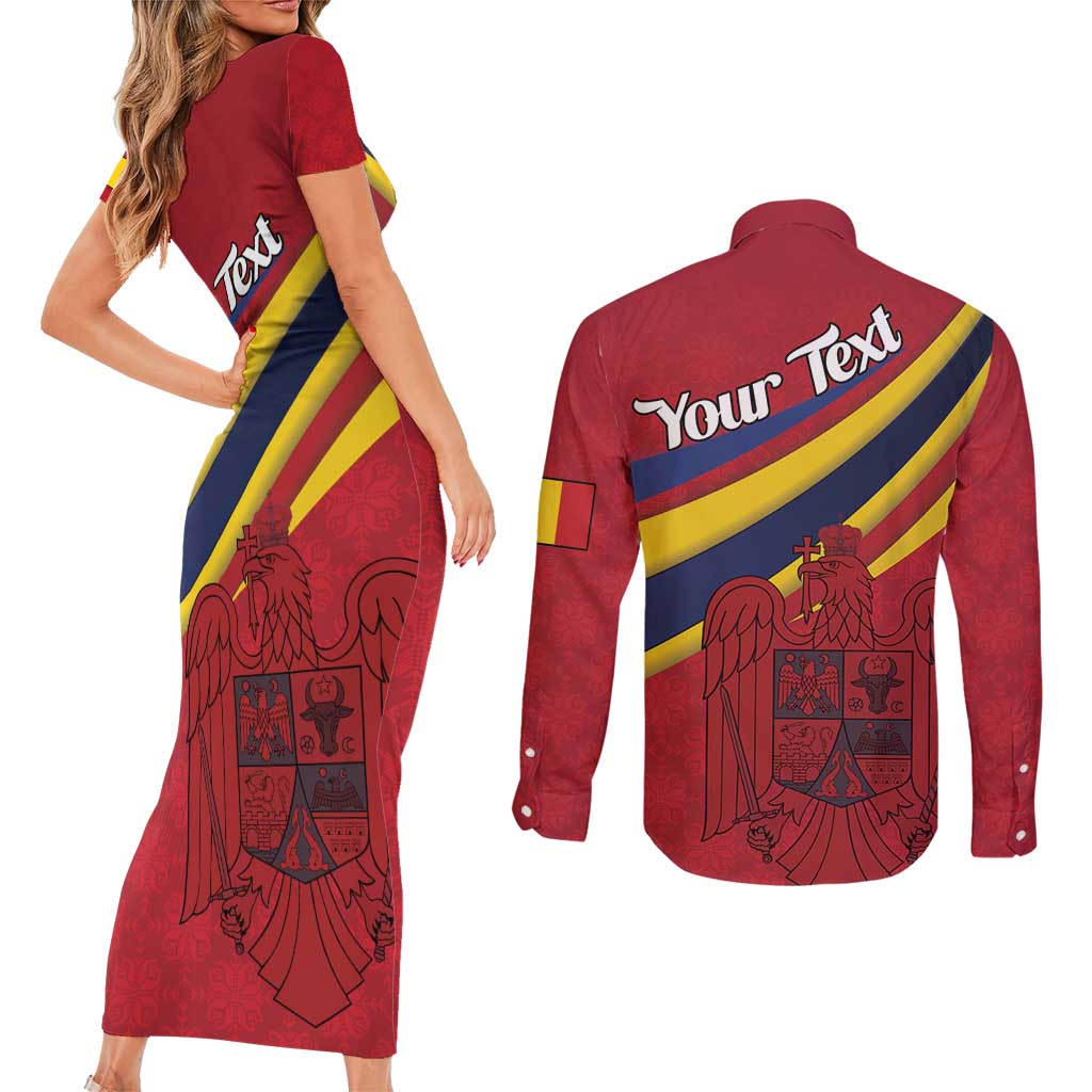 Personalized National Flag Of Romania Day Couples Matching Short Sleeve Bodycon Dress and Long Sleeve Button Shirt Coat of arms