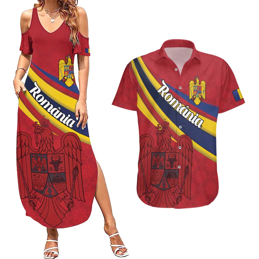 Personalized National Flag Of Romania Day Couples Matching Summer Maxi Dress and Hawaiian Shirt Coat of arms