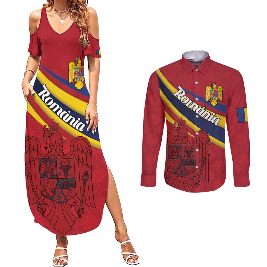 Personalized National Flag Of Romania Day Couples Matching Summer Maxi Dress and Long Sleeve Button Shirt Coat of arms