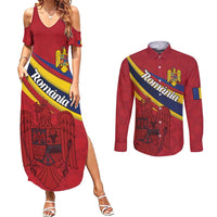 Personalized National Flag Of Romania Day Couples Matching Summer Maxi Dress and Long Sleeve Button Shirt Coat of arms