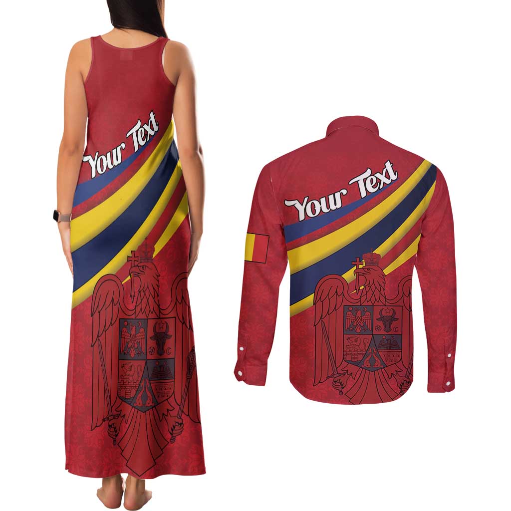 Personalized National Flag Of Romania Day Couples Matching Tank Maxi Dress and Long Sleeve Button Shirt Coat of arms