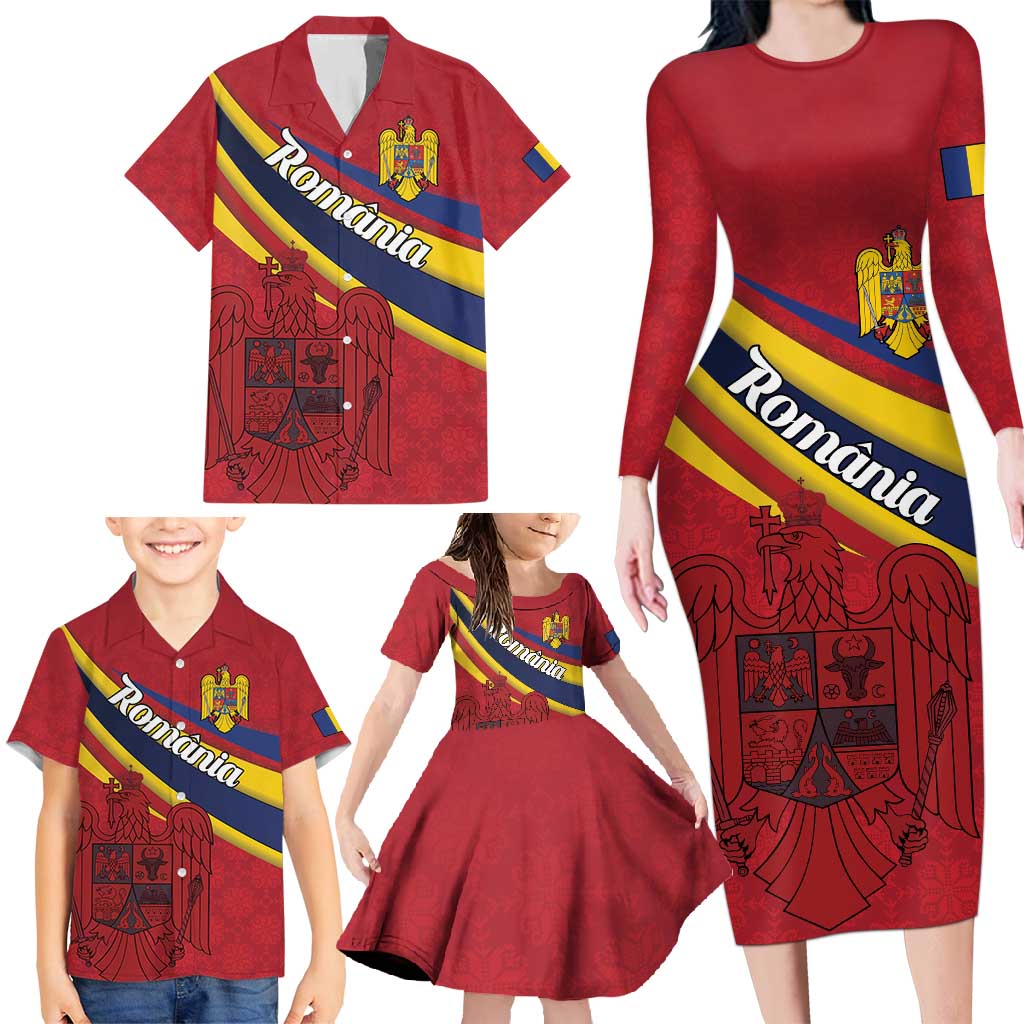 Personalized National Flag Of Romania Day Family Matching Long Sleeve Bodycon Dress and Hawaiian Shirt Coat of arms