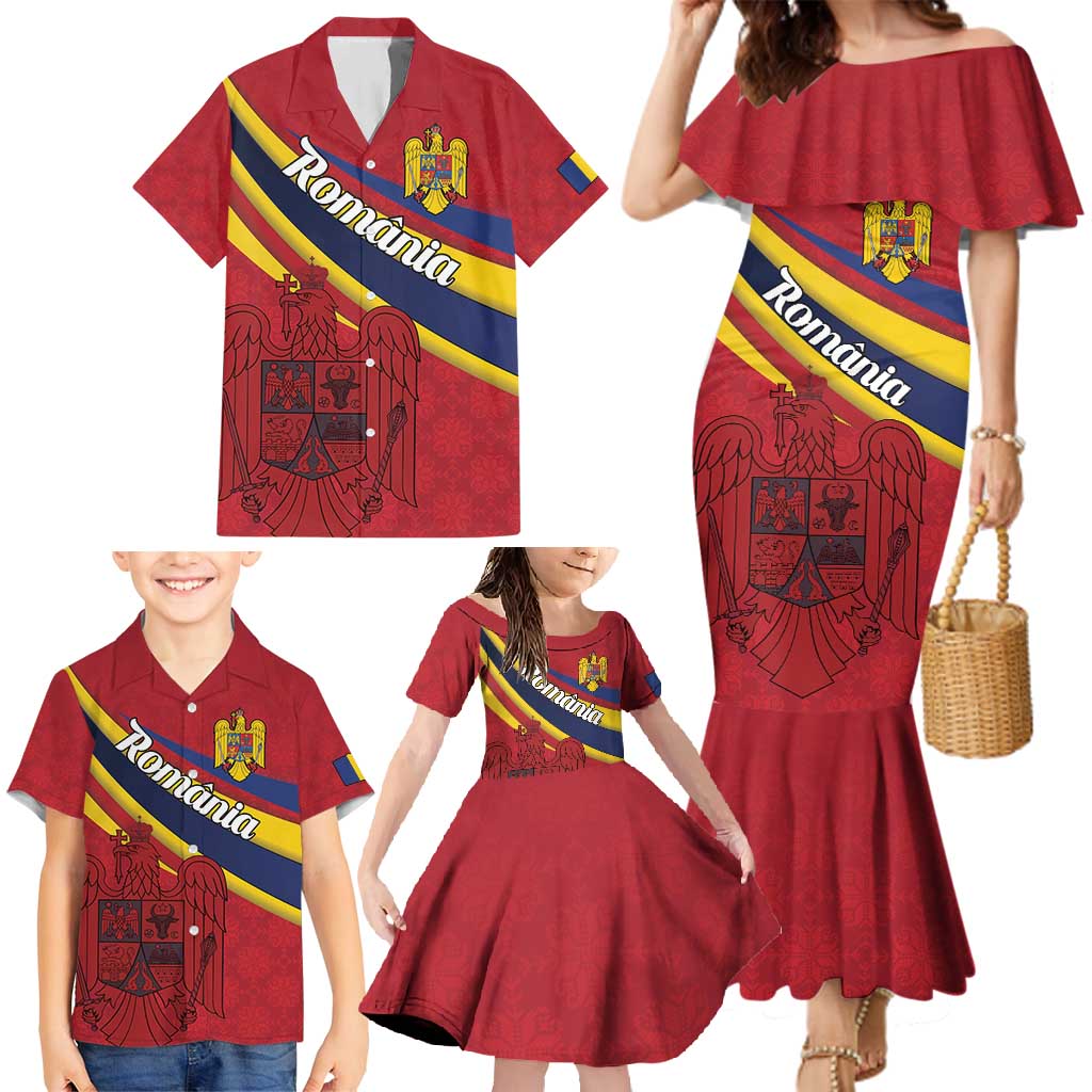 Personalized National Flag Of Romania Day Family Matching Mermaid Dress and Hawaiian Shirt Coat of arms