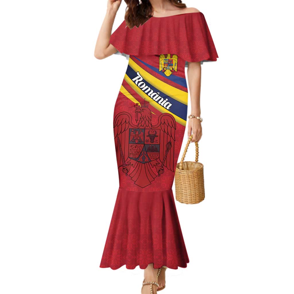 Personalized National Flag Of Romania Day Family Matching Mermaid Dress and Hawaiian Shirt Coat of arms