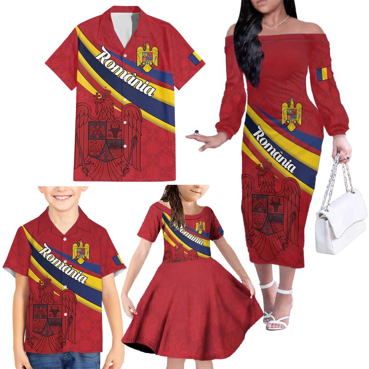 Personalized National Flag Of Romania Day Family Matching Off The Shoulder Long Sleeve Dress and Hawaiian Shirt Coat of arms