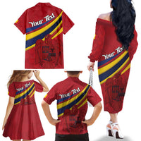 Personalized National Flag Of Romania Day Family Matching Off The Shoulder Long Sleeve Dress and Hawaiian Shirt Coat of arms