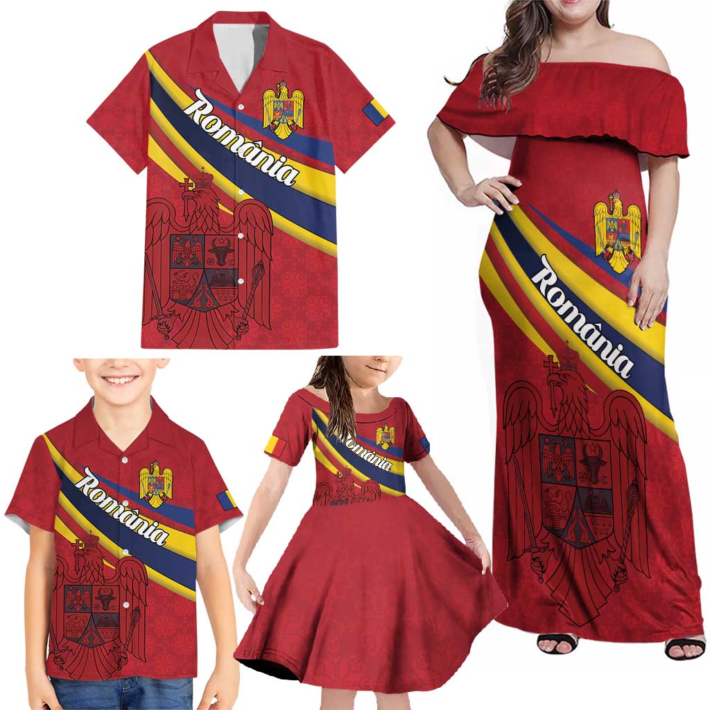 Personalized National Flag Of Romania Day Family Matching Off Shoulder Maxi Dress and Hawaiian Shirt Coat of arms