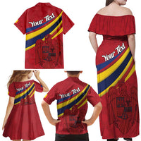 Personalized National Flag Of Romania Day Family Matching Off Shoulder Maxi Dress and Hawaiian Shirt Coat of arms