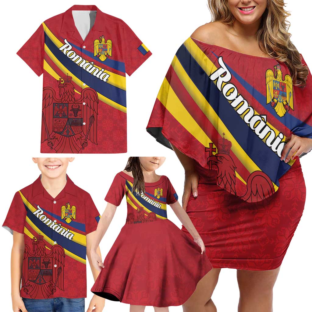 Personalized National Flag Of Romania Day Family Matching Off Shoulder Short Dress and Hawaiian Shirt Coat of arms