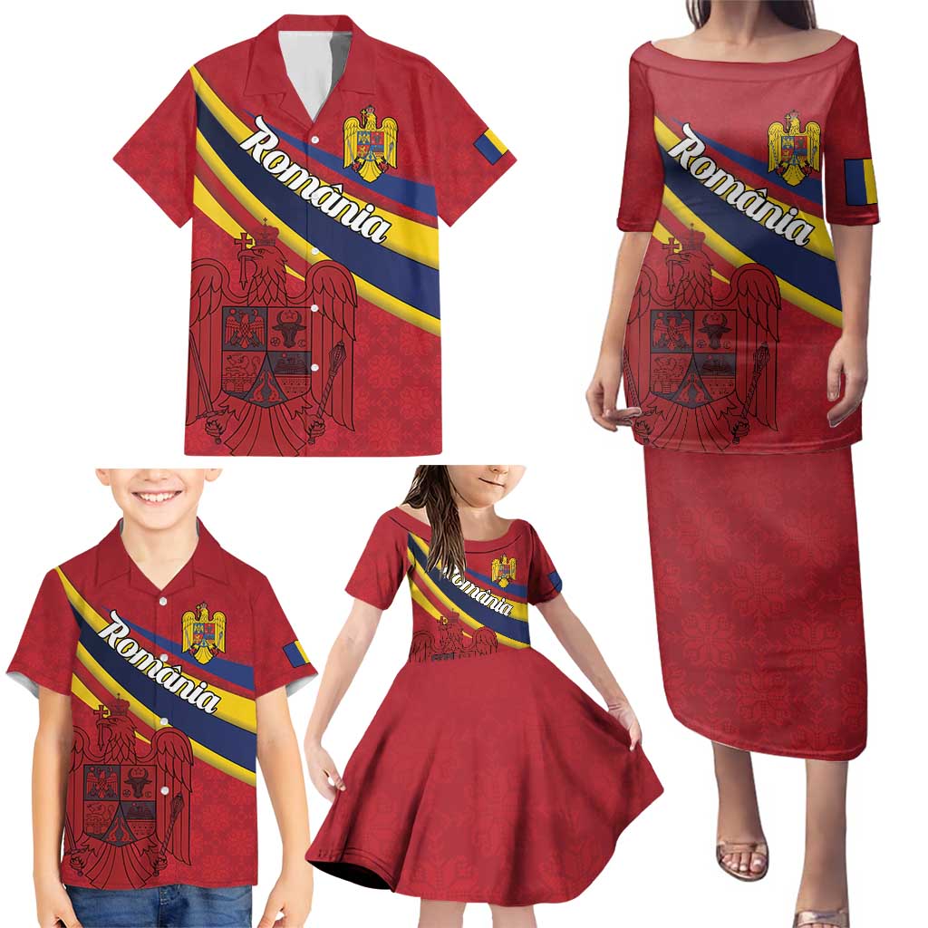 Personalized National Flag Of Romania Day Family Matching Puletasi and Hawaiian Shirt Coat of arms
