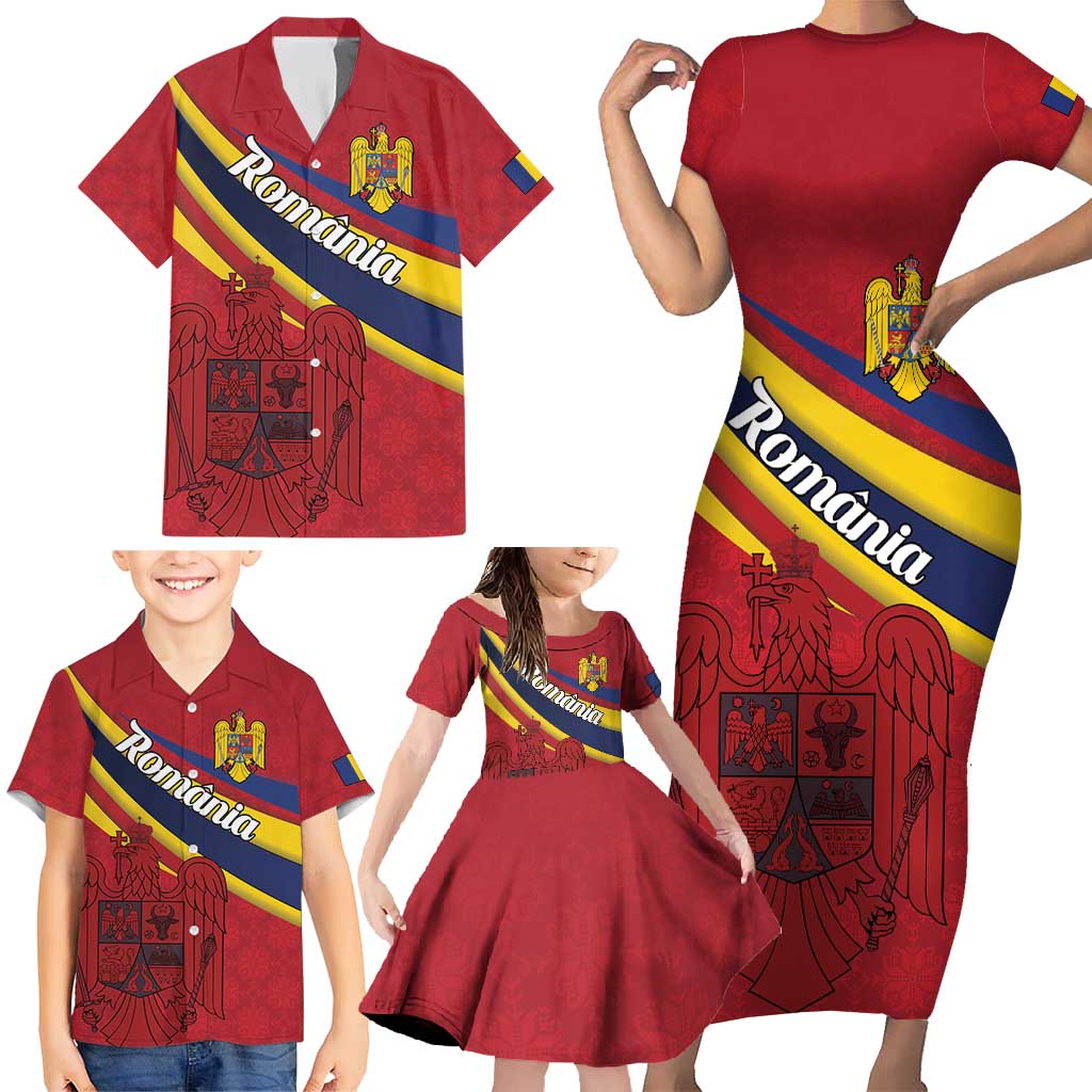 Personalized National Flag Of Romania Day Family Matching Short Sleeve Bodycon Dress and Hawaiian Shirt Coat of arms
