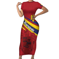 Personalized National Flag Of Romania Day Family Matching Short Sleeve Bodycon Dress and Hawaiian Shirt Coat of arms