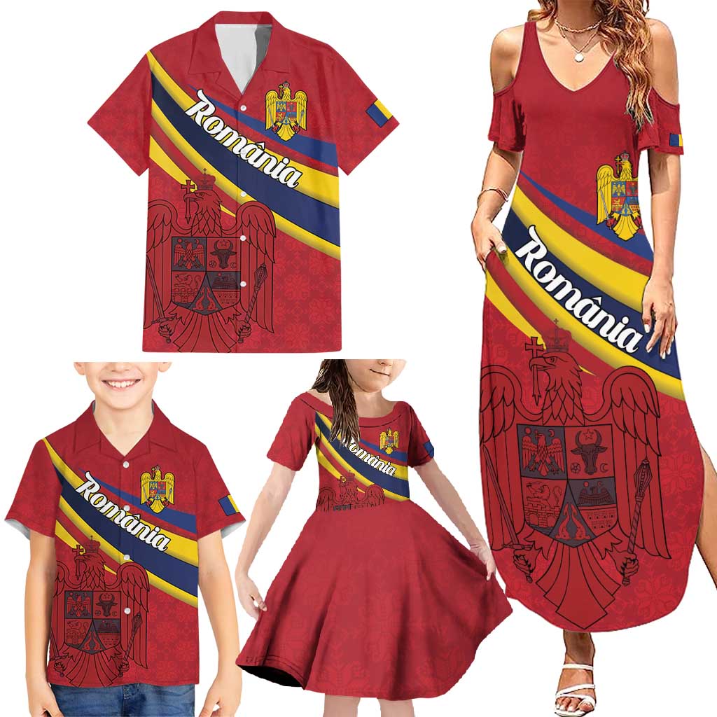 Personalized National Flag Of Romania Day Family Matching Summer Maxi Dress and Hawaiian Shirt Coat of arms