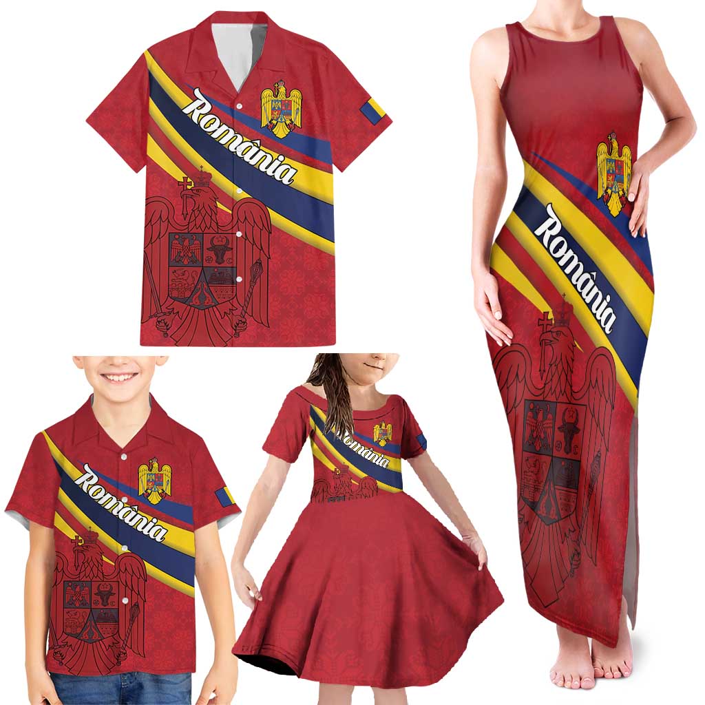 Personalized National Flag Of Romania Day Family Matching Tank Maxi Dress and Hawaiian Shirt Coat of arms