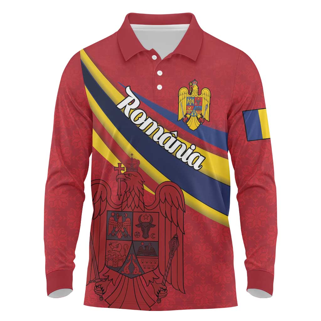 Personalized National Flag Of Romania Day Long Sleeve Polo Shirt Coat of arms