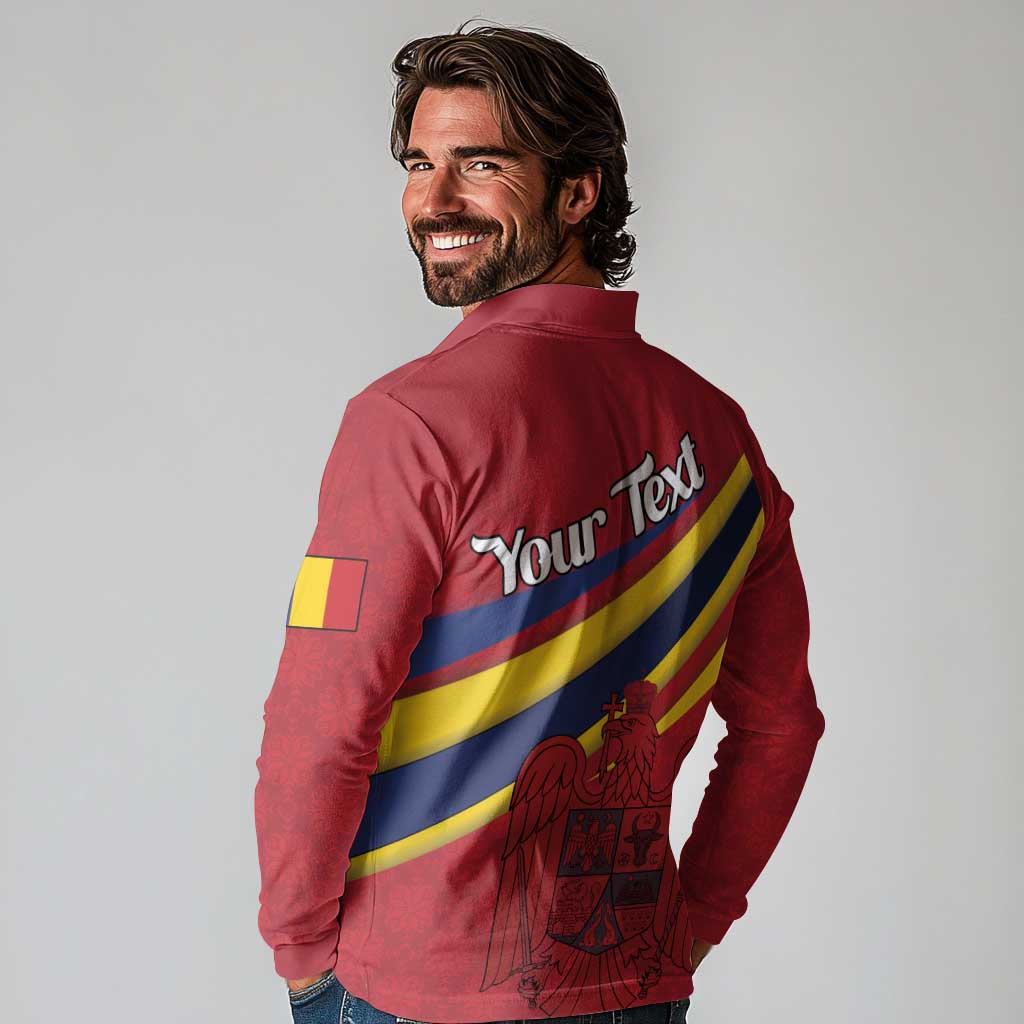 Personalized National Flag Of Romania Day Long Sleeve Polo Shirt Coat of arms