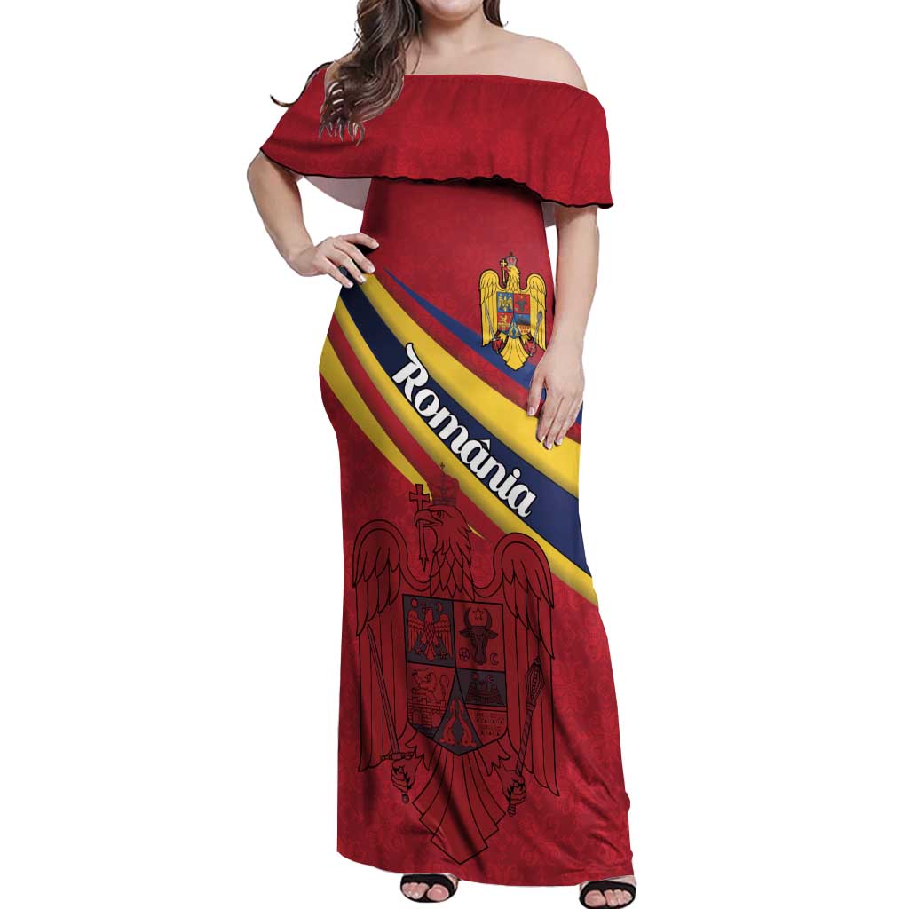 Personalized National Flag Of Romania Day Off Shoulder Maxi Dress Coat of arms