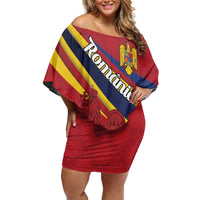 Personalized National Flag Of Romania Day Off Shoulder Short Dress Coat of arms