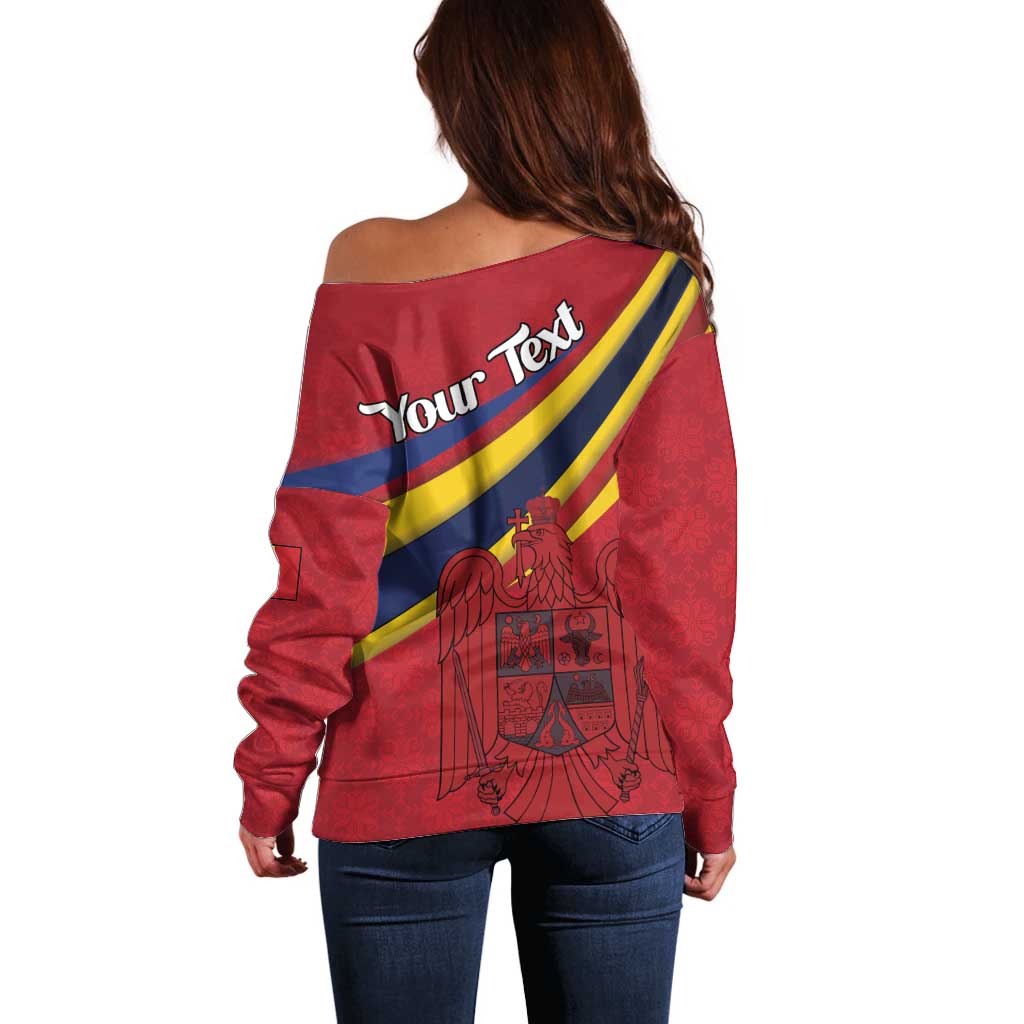 Personalized National Flag Of Romania Day Off Shoulder Sweater Coat of arms