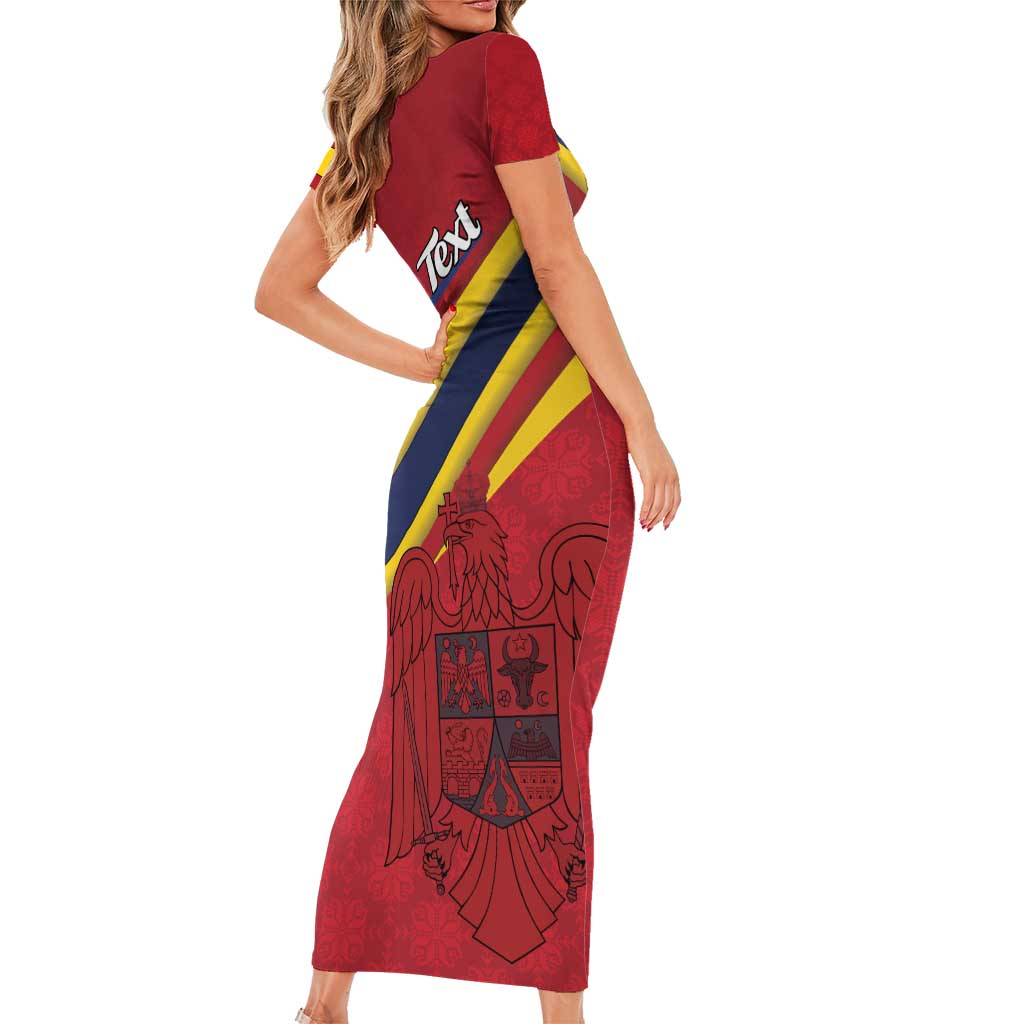 Personalized National Flag Of Romania Day Short Sleeve Bodycon Dress Coat of arms