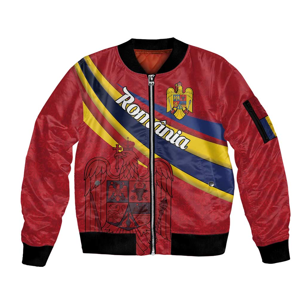 Personalized National Flag Of Romania Day Sleeve Zip Bomber Jacket Coat of arms