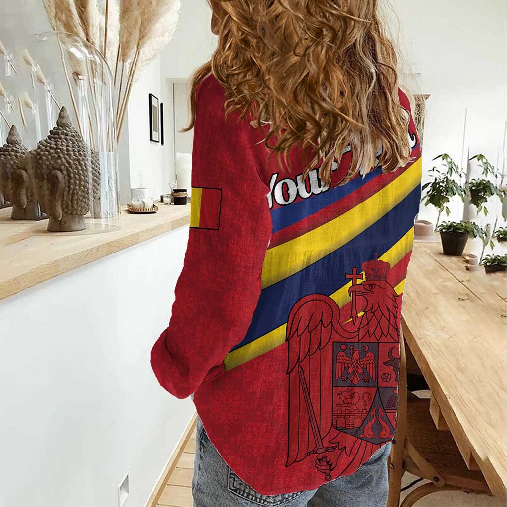 Personalized National Flag Of Romania Day Women Casual Shirt Coat of arms