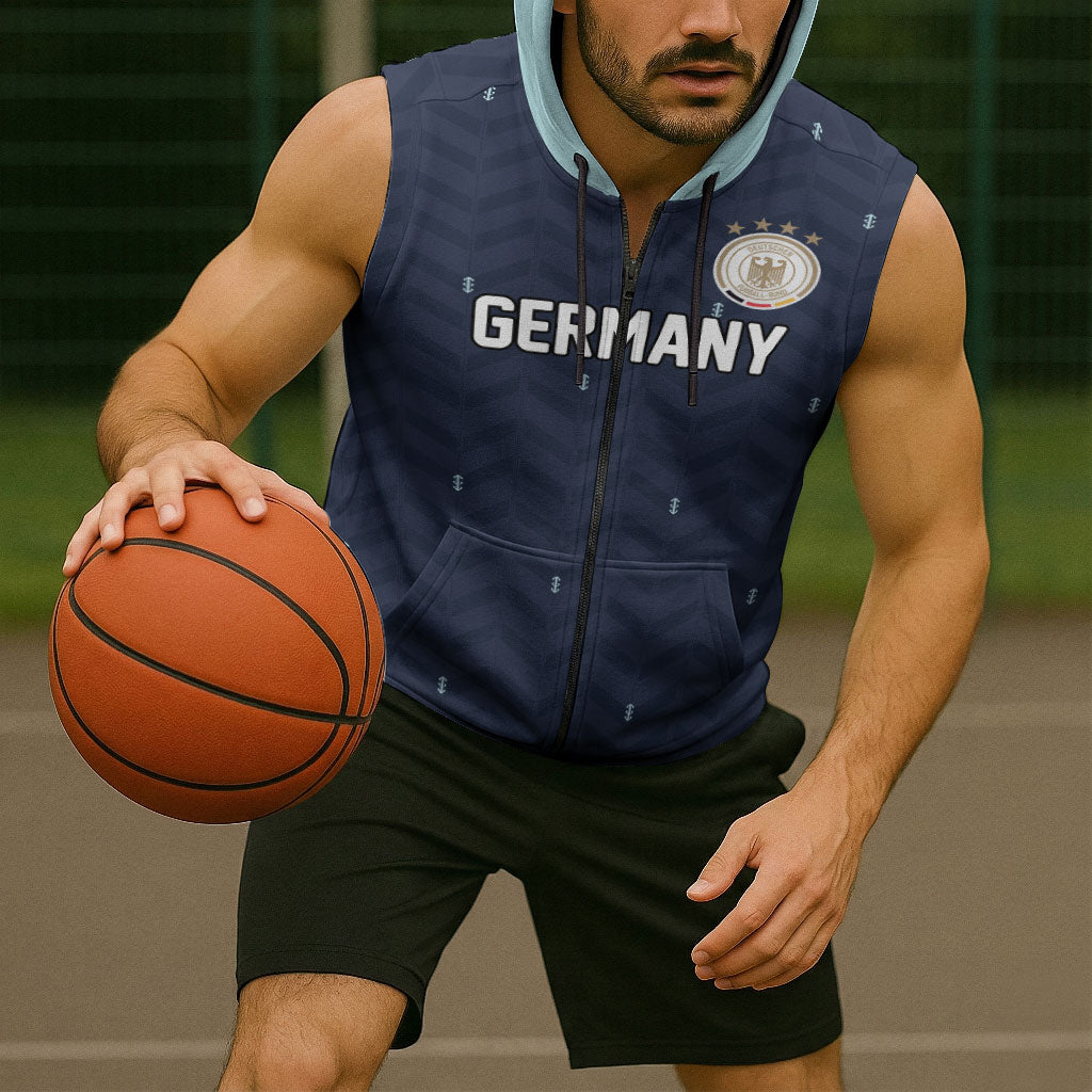 Custom Germany Football 2026 Sleeveless Zip Hoodie Midnight Eagle Heritage