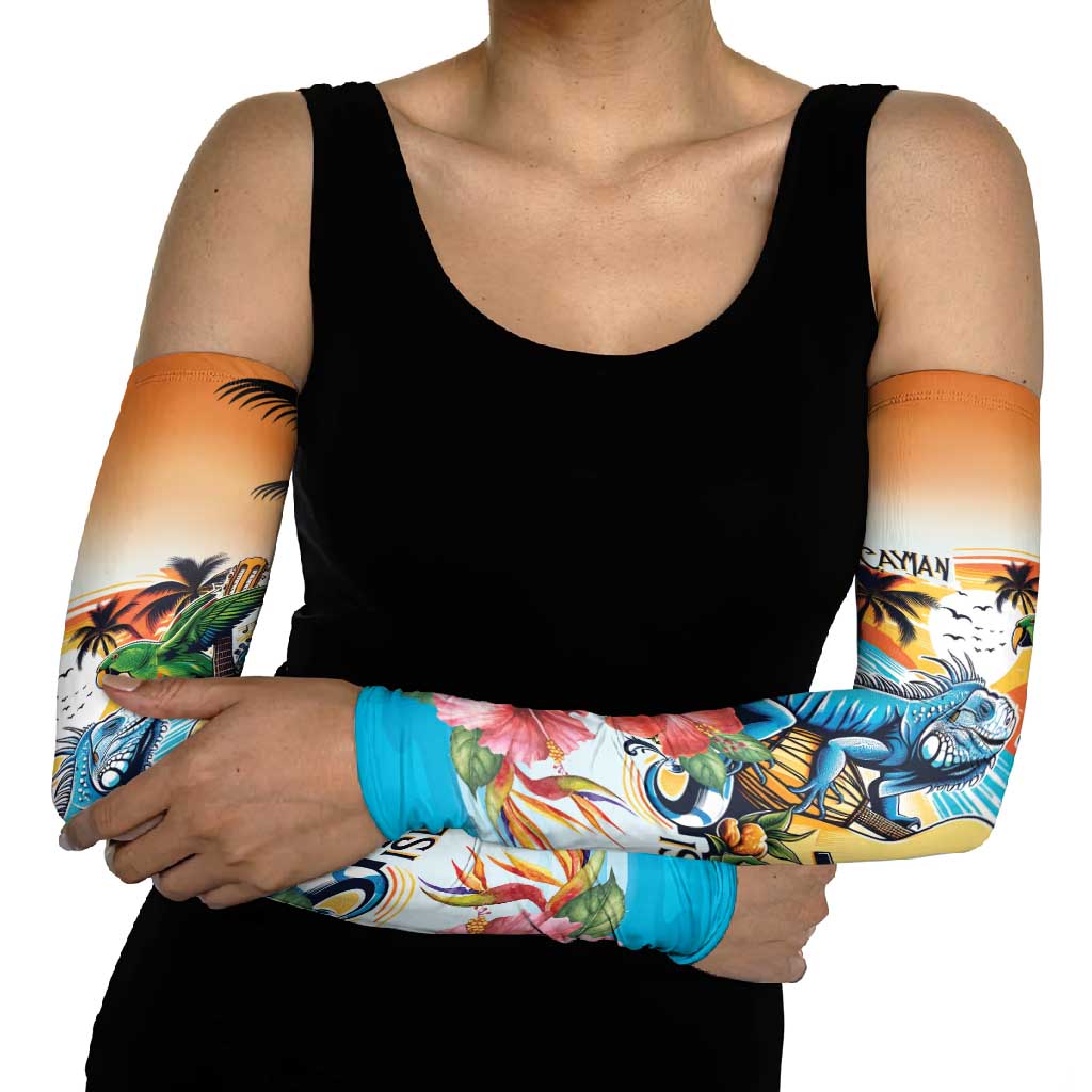 Cayman Islands Arm Sleeves Iguanas And Parrot Hisbius Flower - Wonder Print Shop